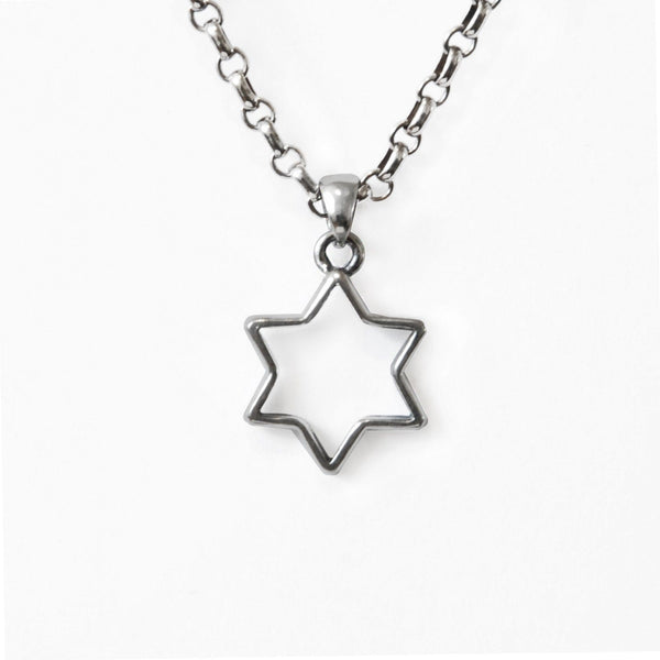 Open Modern Star of David Pendant Necklace Silver Antique Rolo Chain Bar-Mitzvah Boys, Teens