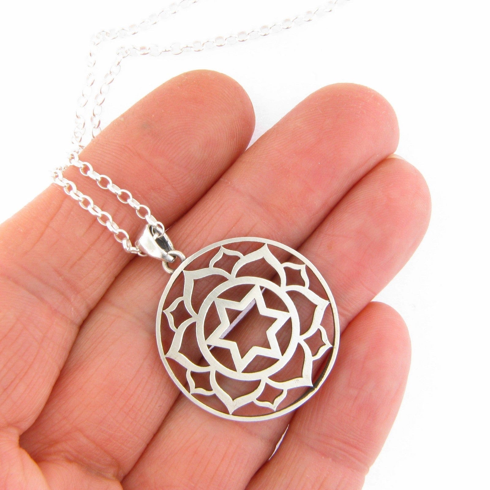 Large Round Frame Lotus Star of David Pendant Necklace Silver on Rolo ...