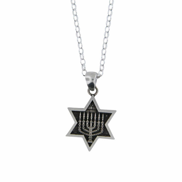 Star of David Menorah Pendant Necklace Silver on Rolo Chain Bar-Mitzvah Boys, Teens