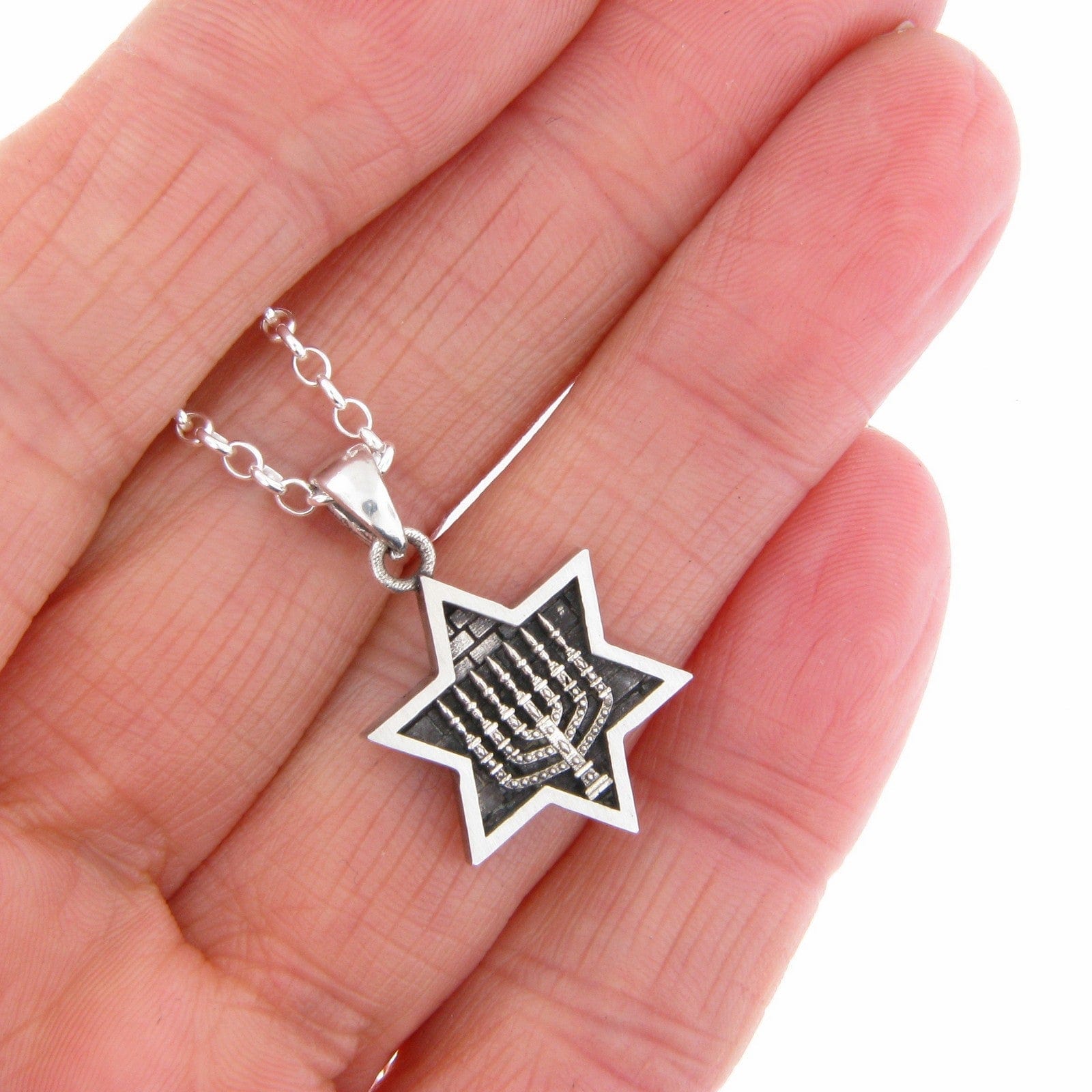 Star of David Menorah Pendant Necklace Silver on Rolo Chain Bar-Mitzva ...