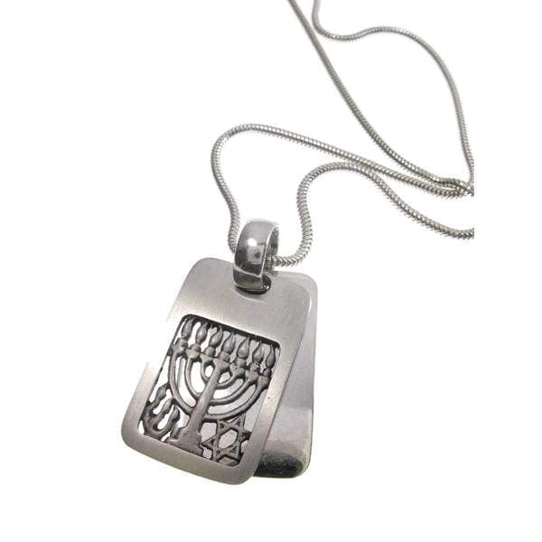 Rectangle Menorah Pendant Necklace Silver Snake Chain 1.6mm Men's