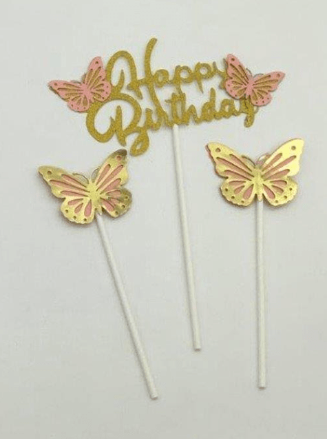 Happy birthday box on a stick and pink butterflies 12 pc-0