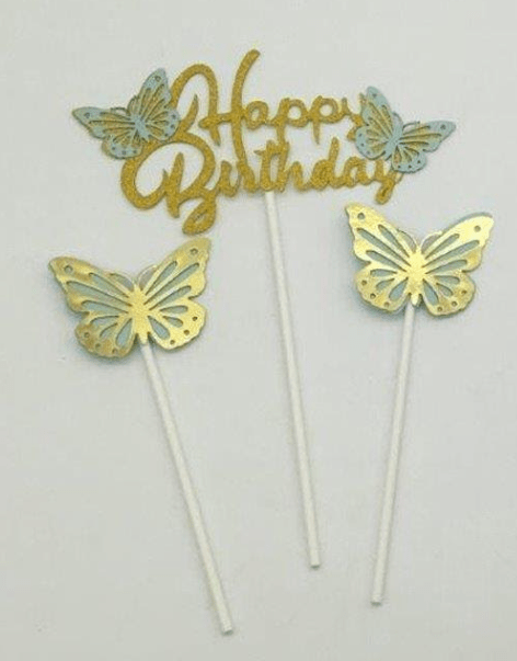 Happy birthday box on a stick and Blue butterflies 12 pc-0