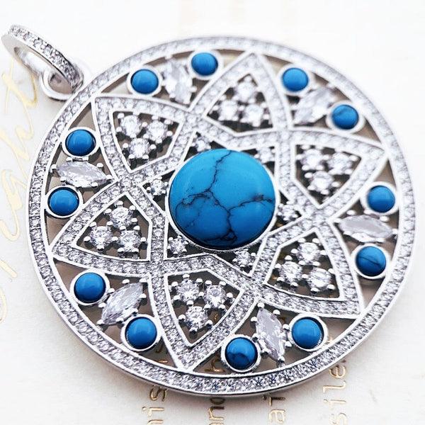Blue Turquoise Mocro Pave CZ Sterling Silver Star of David Pendant