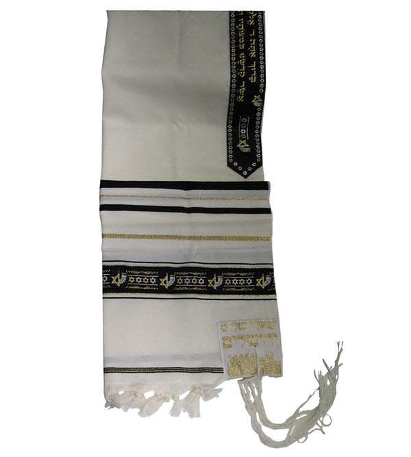 Wool Tallit Black Gold Decorative Ribbon with Stars of David and Menorah Motifs