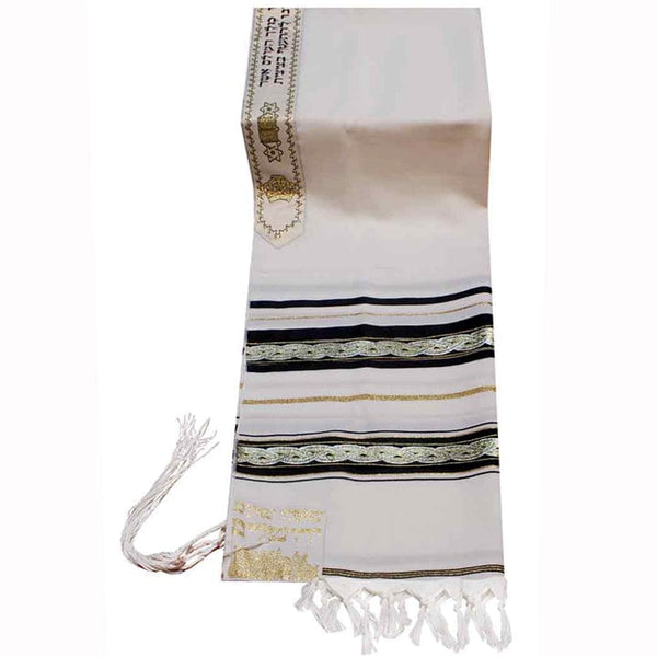 Wool Tallit with Silver Lurex Stripes And Decorative Ribbon Style # 3