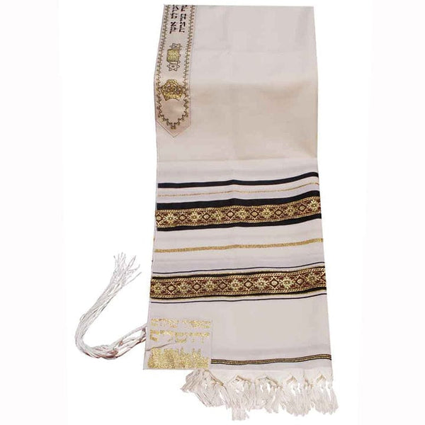 Wool Tallit with Decorative Black and Gold Ribbons Style # 4