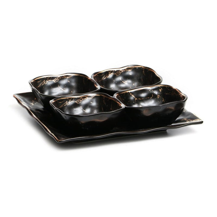 set of 4 Porcelain Dishes With Tray Black With Gold Stripes 9x9"-0