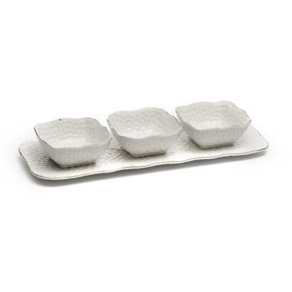 Set of 3 Ceramic Square Bowl White gold rim W/Tray 14.5x5.75x2.5"-0