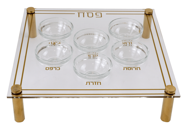 Modern Acrylic Seder Plate with Gold Design & Legs  - 6 Glass Bowls-0