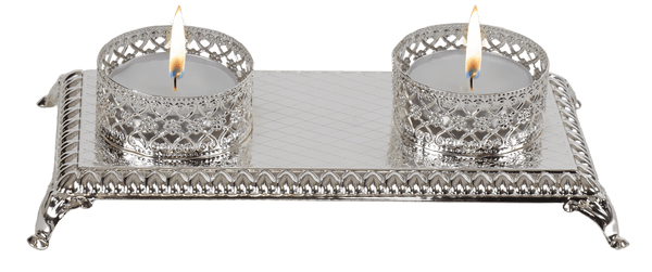 Silver Plated Double Tealight Candle Holder - Floral Design-0