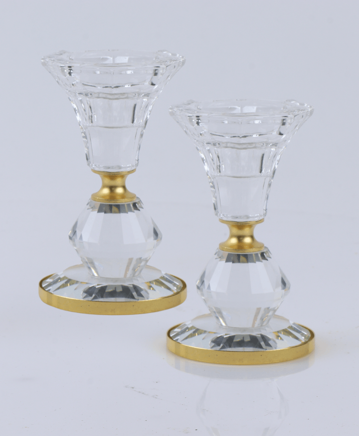 Set of 2 Crystal Candle Holders with Gold Design 4"H-0