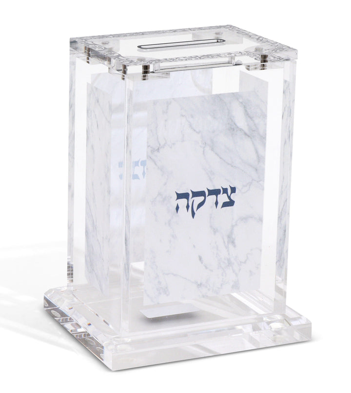 Acrylic Tzedakah Box with Marble & Silver Design 4"x2.75"x2"-0