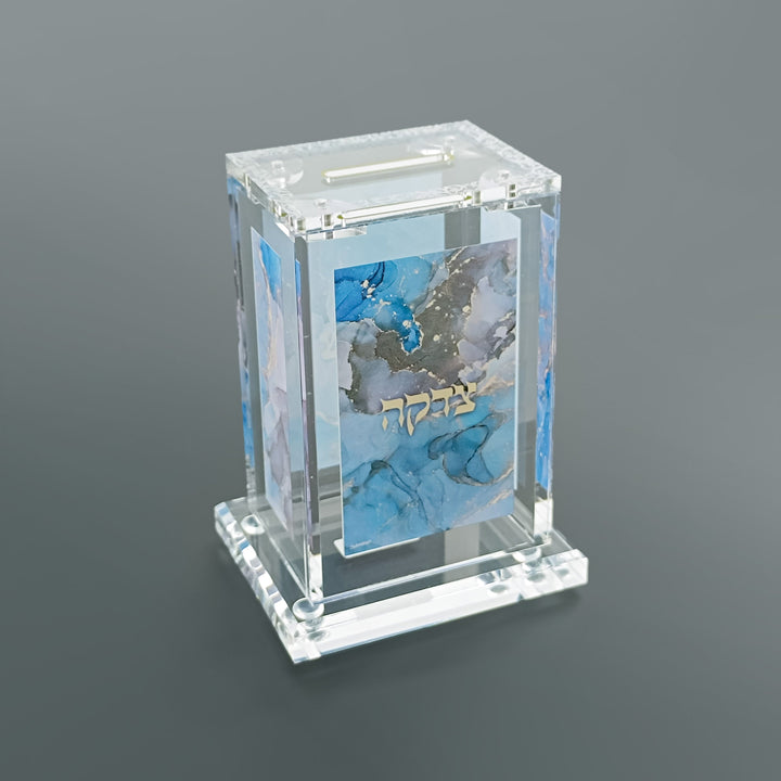 Acrylic Tzedakah Box with Blue & Gold Marble Design 4"x2.75"x2"-0