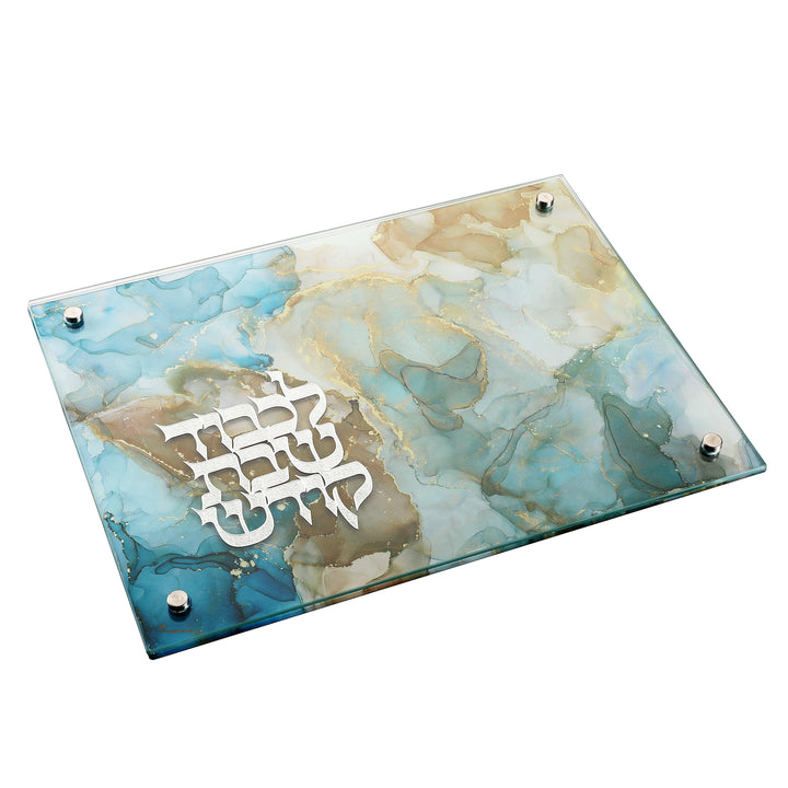 Blue Marble Challah Board with Silver Metal  Plate 11x15"-0