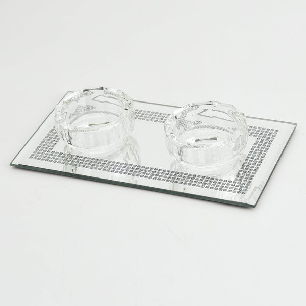 Crystal Candle Holder for 2 With Silver Glitter Print 3.5"x6.75"-0