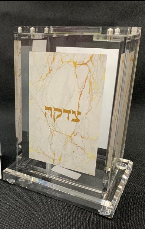 Acrylic Tzedakah Box with Marble & Gold Design 4"x2.75"x2"-0