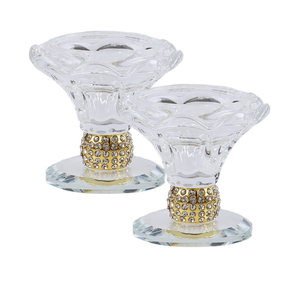 Set of 2 Crystal Candle Holders with Gold Metal 2.5"H-0