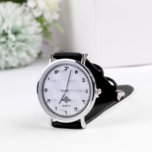 "Watch with Aleph Bais" Black Handle Black 'n White face Silver rim-0