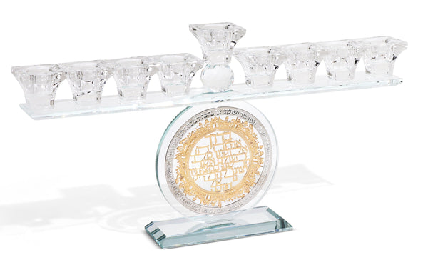 Crystal Menorah with Silver & Gold Round Blessing Plates-0