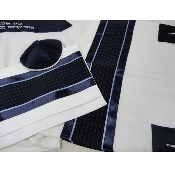 Wool Tallit for Bar Mitzvah, Blue Stripes Combination, Tzitzit Tallit Prayer Shawl, Custom Tallit Set