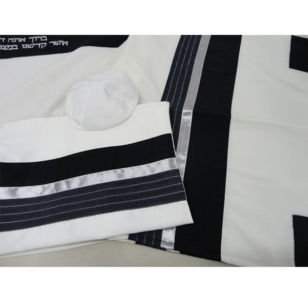 Gray Stripes Pattern Wool Men's Tallit, Bar Mitzvah Tallit Set, Tzitzit Hebrew Prayer Shawl