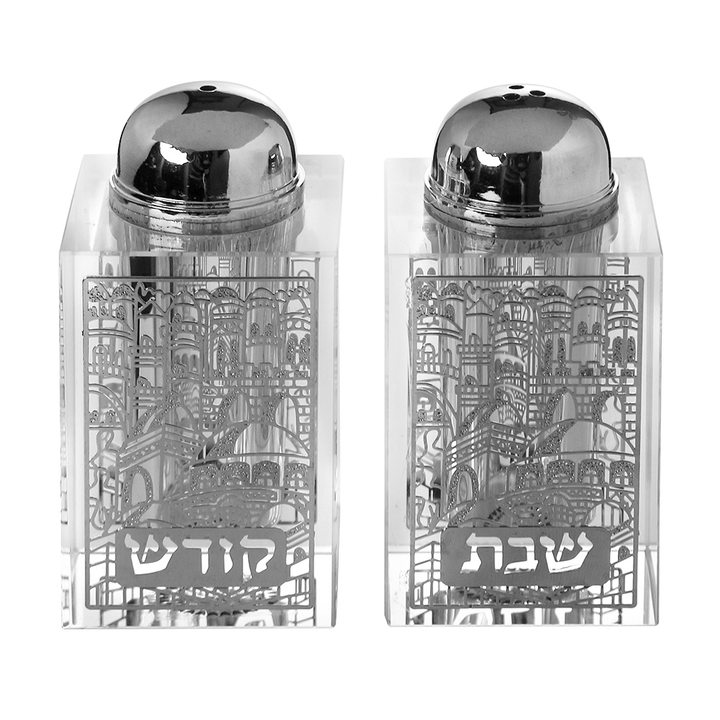 Crystal Salt And Pepper Shaker Set Broken Glass & Jerusalem Silver Design 3"H-0