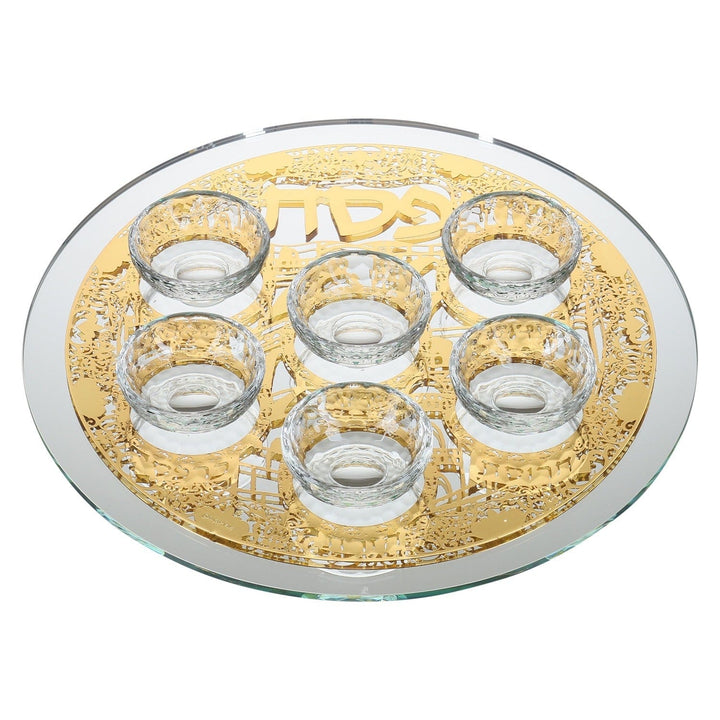 Mirror And Glass Seder Plate With Gold Jerusalem Plate-0
