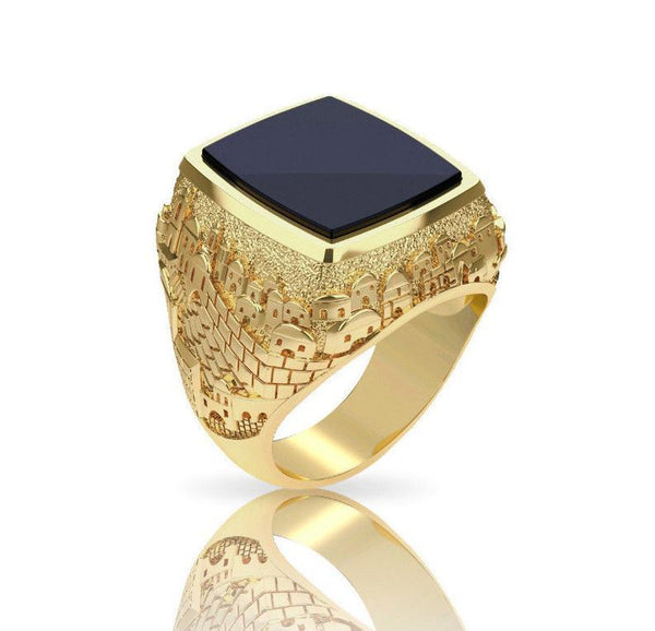 14k Gold 3D Jerusalem Ring,Men Ring ,Onyx Stone ,Jewish Ring Jewish Ring 