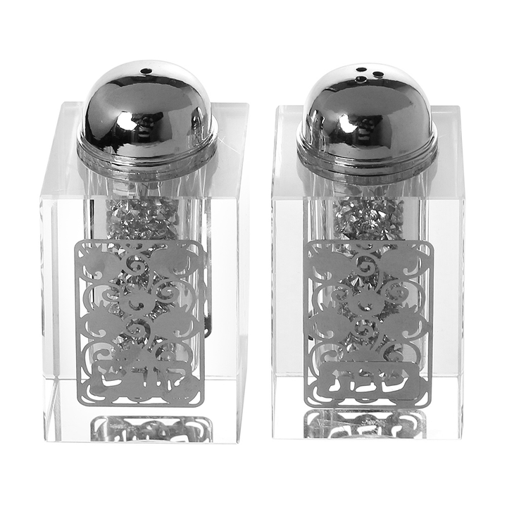 Crystal Salt And Pepper Shaker Set Broken Glass & Silver Design 3"H-0