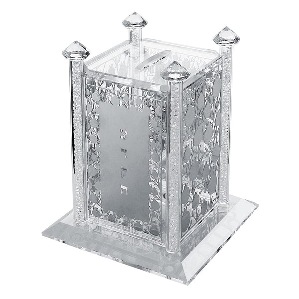 Tzedakah Pushka Crystal With Silver Plaques Tzedakah Pomegranate. Broken Glass 4 1/2 x 4 1/2 "-0