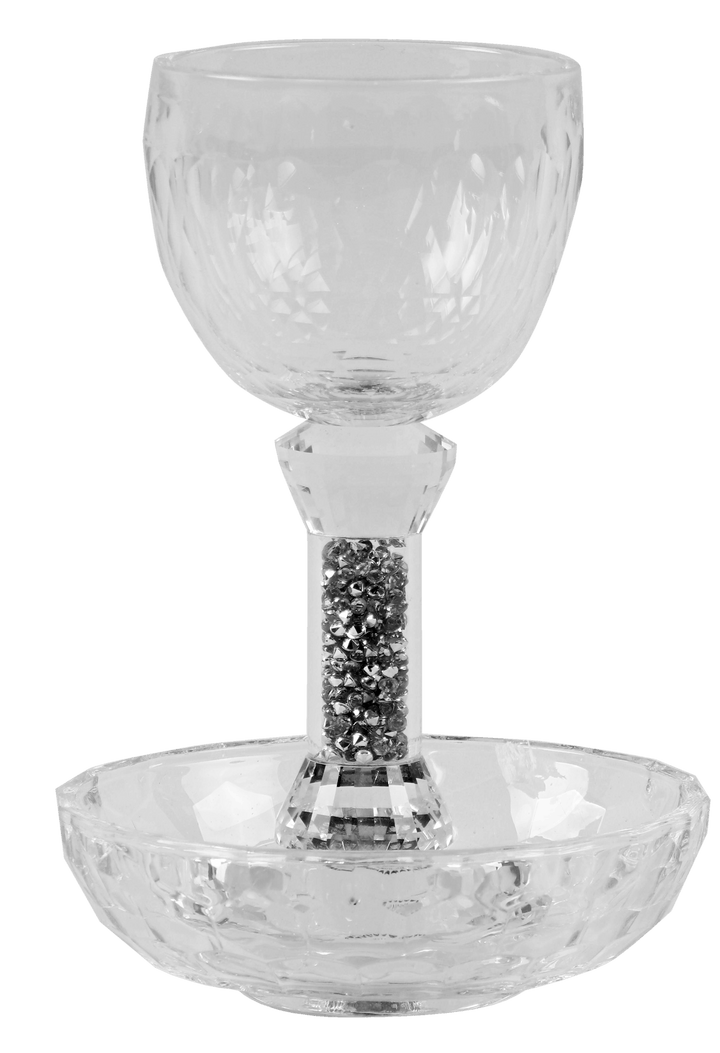 Crystal With Silver Stones Kiddush Cup 6"H Tray 4.5"W-0