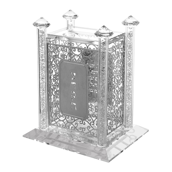 Crystal Tzedakah Pushka With Silver Design 4x3x3.5"-0