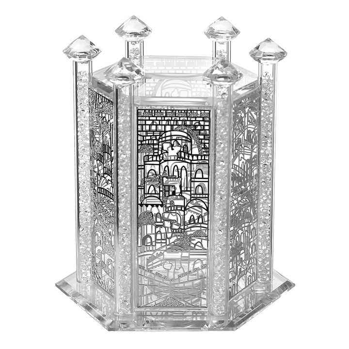 Crystal Tzedakah Box Octagon Jerusalem Silver Design 5.5"Hx4-0