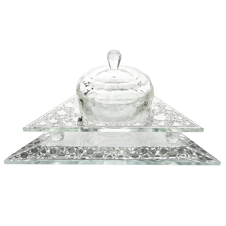 Crystal Honey Dish Triangle Shape With Pomegranate Silver 3 Pc 6 1/2x 5 1/2 w X1 1/2 H "-0
