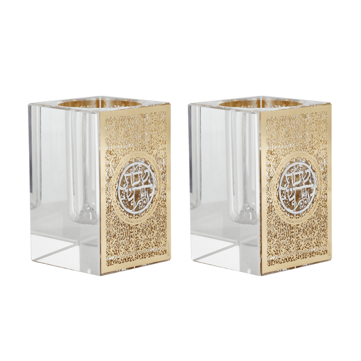 Crystal tea Light Holders With Gold Floral And Silver Shabbat Kodesh 3"Hx2x2"-0