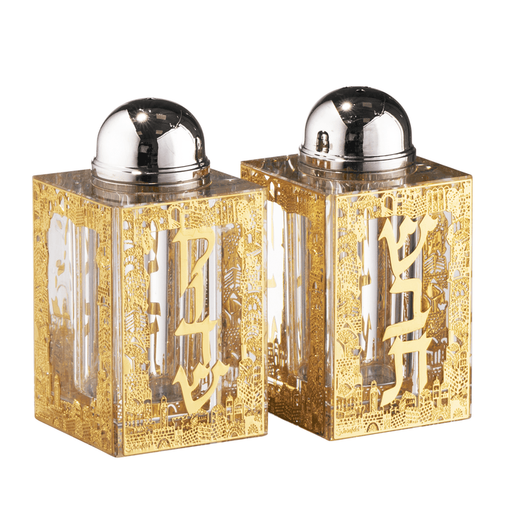 Salt And Pepper Set Gold Jerusalem Shabbat 3"HX1.5"-0