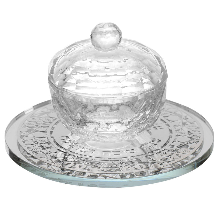 Crystal Honey Dish With Pomegranate Silver 3 Pc 5x3"-0