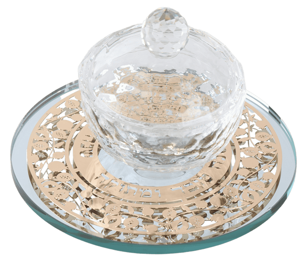 Crystal Honey Dish with Mirror Tray and Gold "Shana Tova" Pomegranate Plate-0