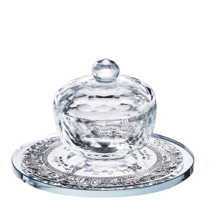 Crystal Honey Dish With Jerusalem Silver  3 Pc  5x3"-0