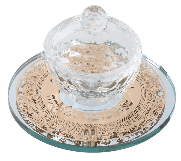 Crystal Honey Dish with Mirror Tray and Gold "Shana Tova" Jerusalem Plate-0