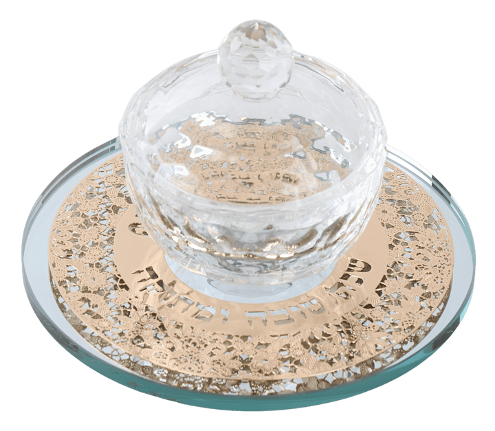 Crystal Honey Dish with Mirror Tray and Gold "Shana Tova" Floral Plate-0