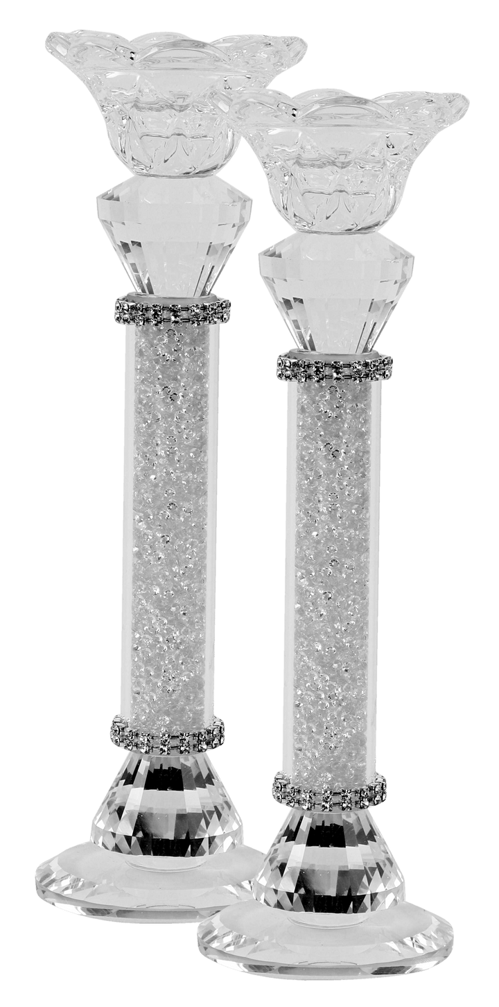 Crystal With Light Silver Stone Candlesticks 9"H-0