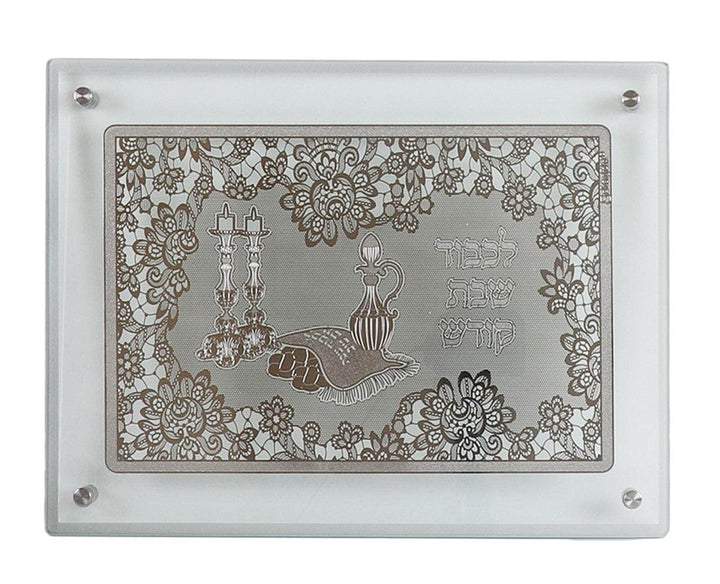 Glass Challah Board With Silver Shabbos table 15x10.5"-0