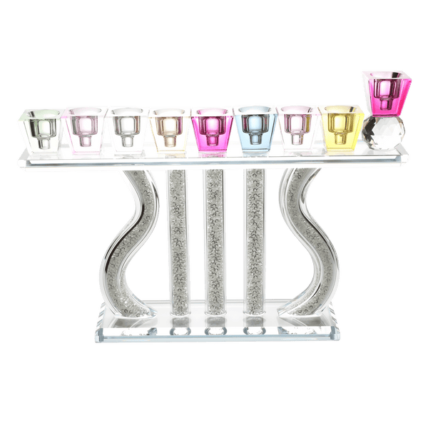 Crystal Menorah with Colored Tops & Stones 7"Hx10.5"W-0