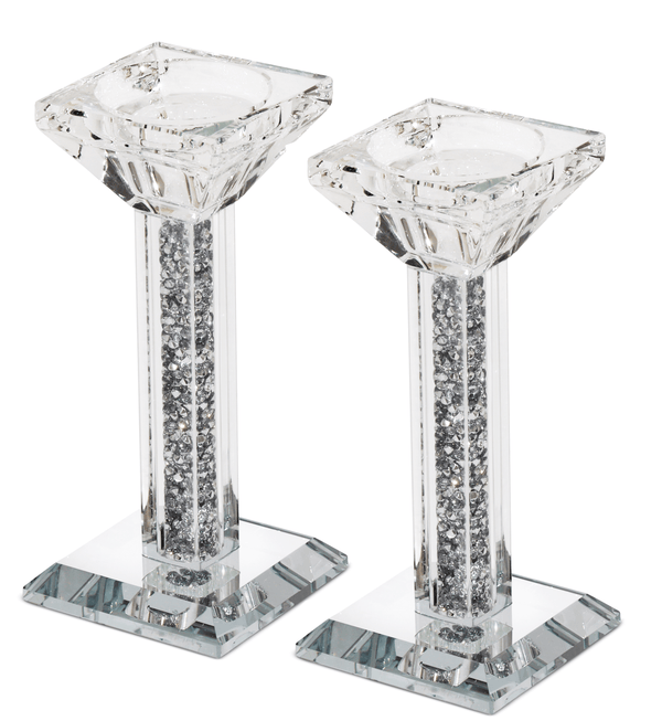 Crystal Candlestick Silver Filling Mirror Stands 5"-0