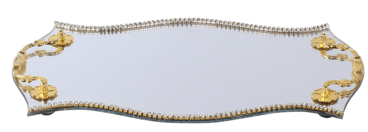 Mirror Tray Circular Shape Gold Handles Crystals 12x7"-0