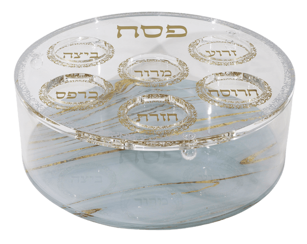 Acrylic Round Matza Box With Seder Plate Cover - Grey & Gold Marble Design-0