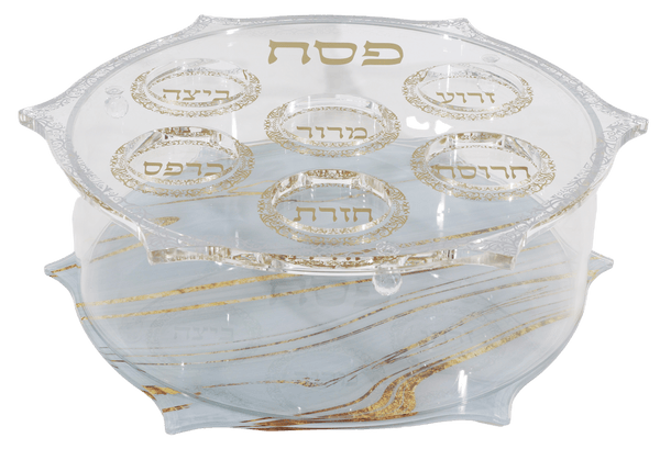 Acrylic Round Matza Box With Seder Plate Cover - Carved Grey & Gold Marble Design-0