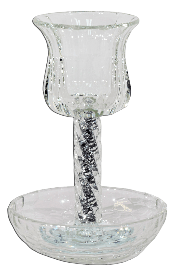 Crystal Kiddush Cup  - Silver Filling with Spiral Leg - 6" Cup 4.5" Tray-0